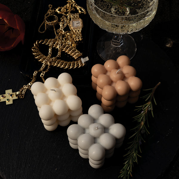 3er Bubble Kerzen Set creme, hellgrau, beige